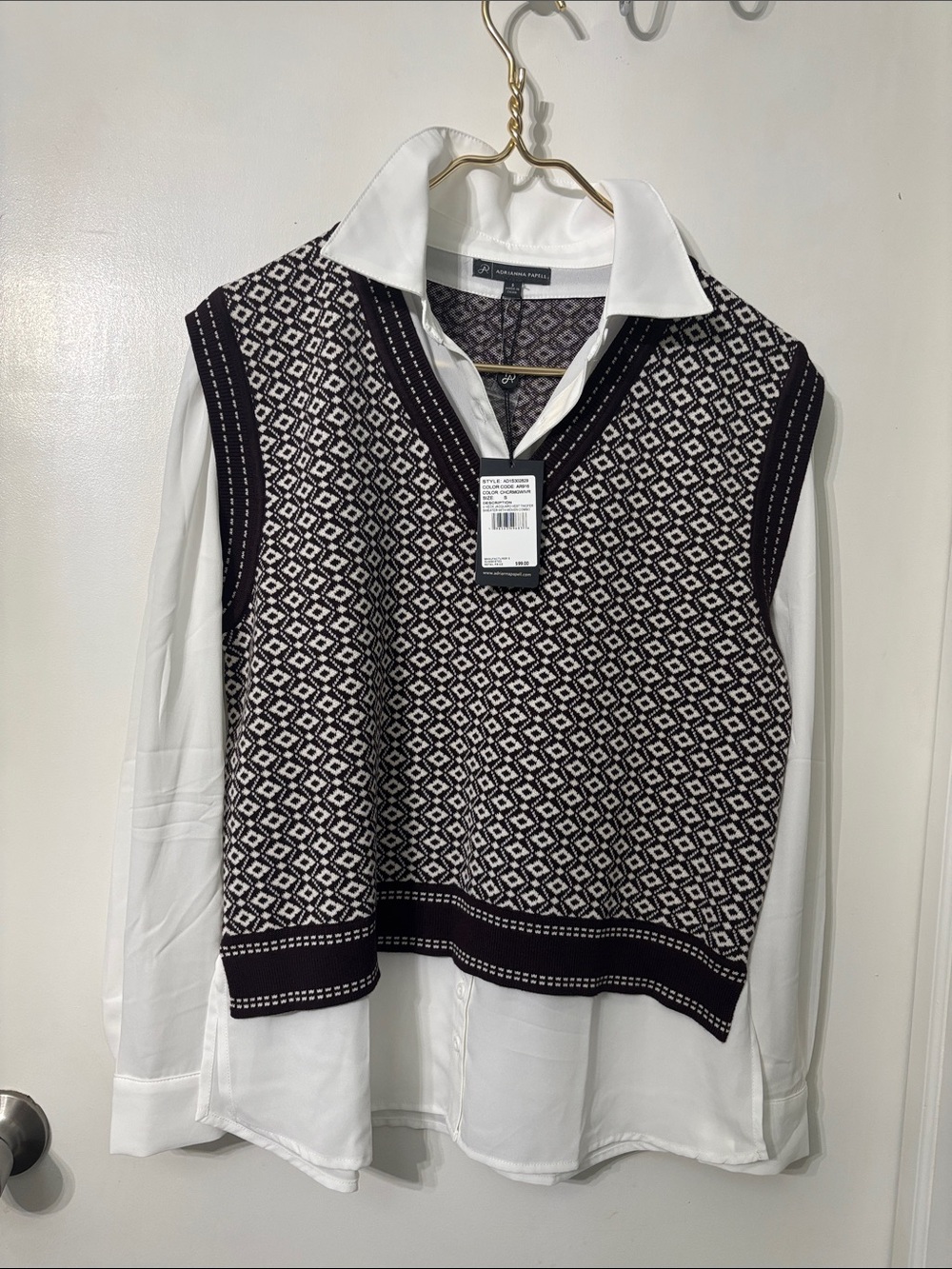 V neck jacquard vest vest sweater with attached blouse